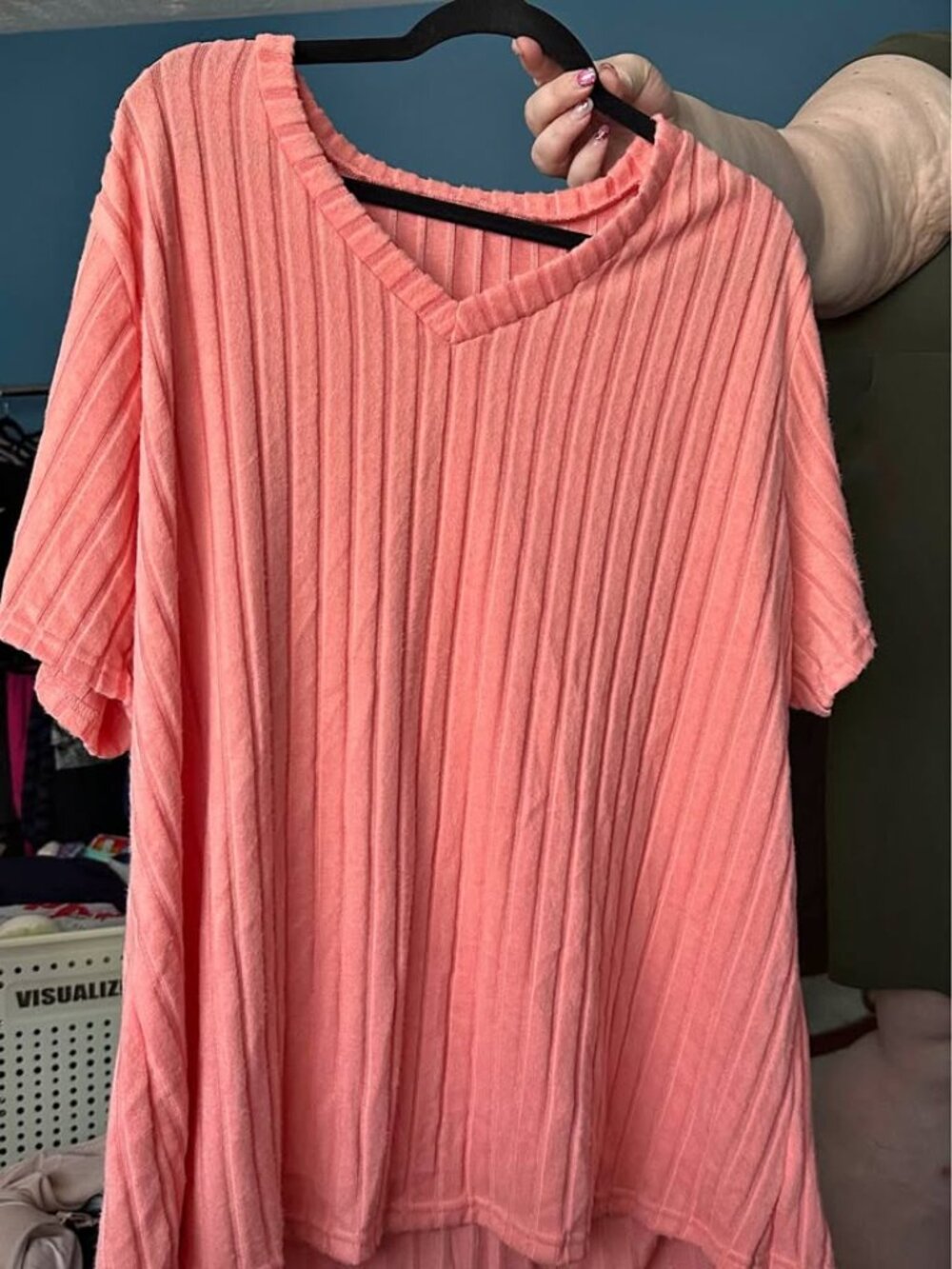 Coral Pink Ribbed V-Neck Top – 5XL – Fits Approx. Women’s Size 22